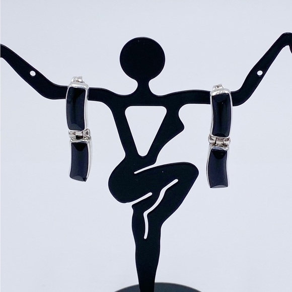 Sterling Silver 950 Onyx Hinged Drop Earrings. - Picture 3 of 9